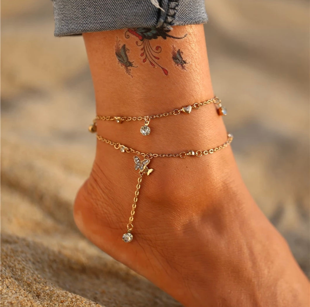 Cute 2 pcs set butterfly And heart anklet